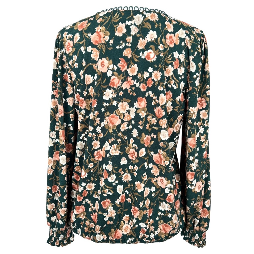 Flower & Feather Size Small Floral Smocked Hem Blouse Green Boho Style Shirt Top - Picture 3 of 10